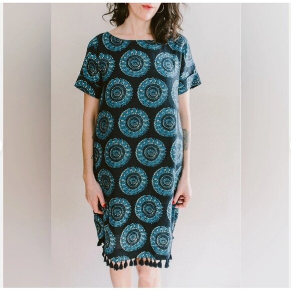 ROLLER RABBIT LADIES DRESS SMALL BLUE linen MEDALLION BOHO CIRCLE ANTHROPOLOGIE - Picture 1 of 15